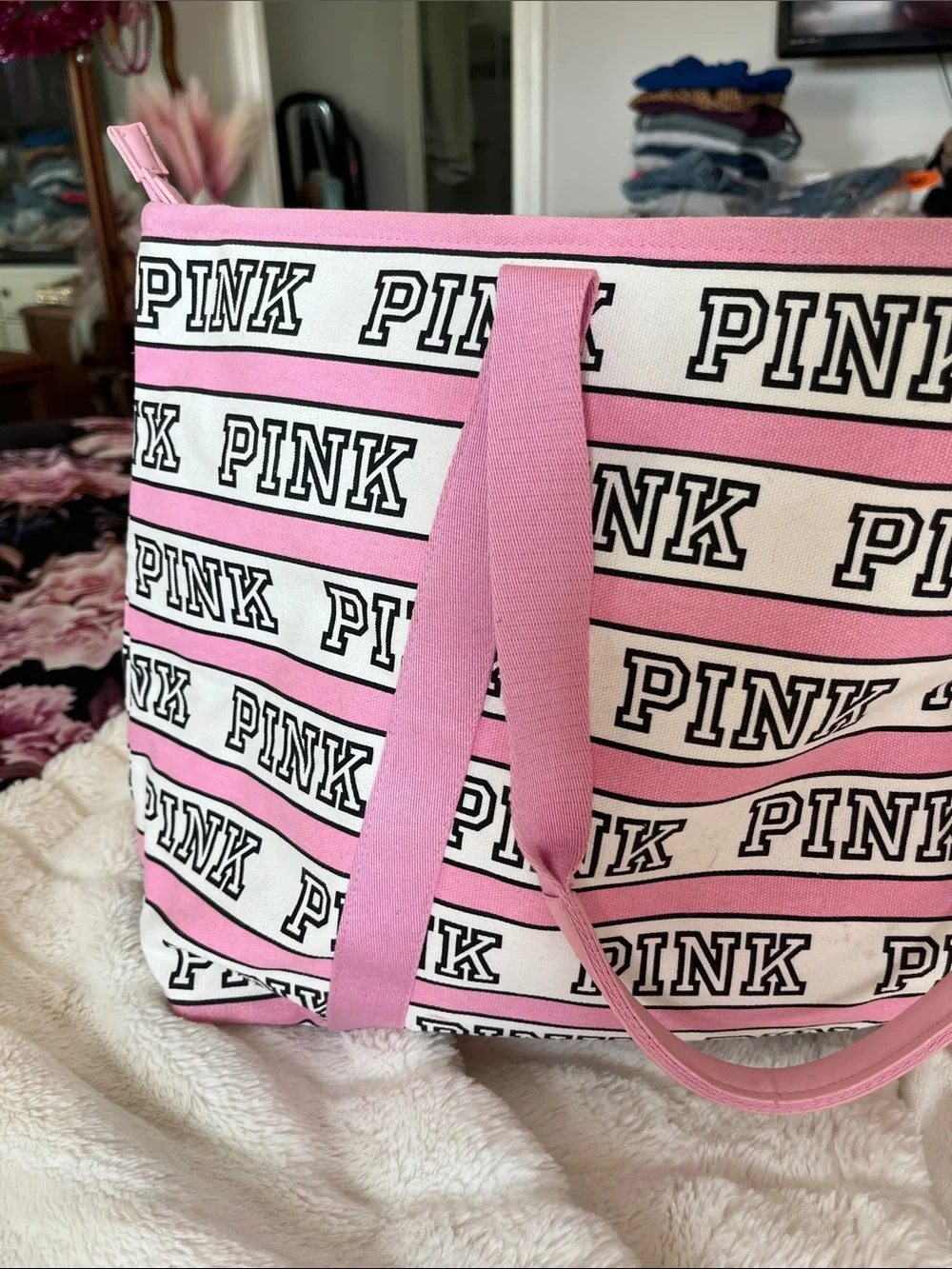 PINK Victoria's Secret Pink & White Logo Stripe Canvas Tote